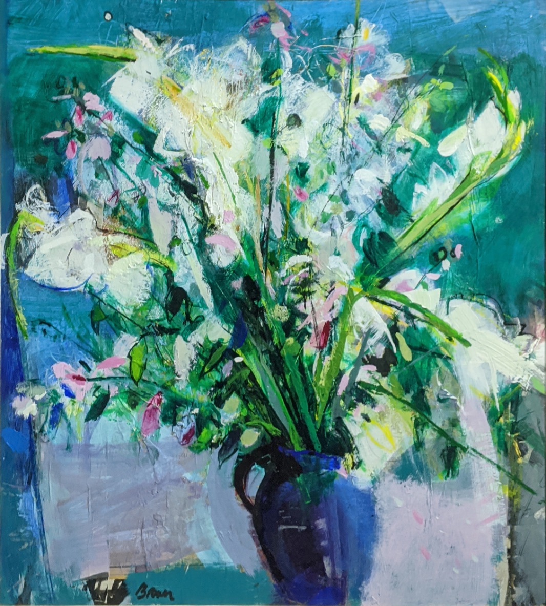 John Brown RSW (Scottish, b.1945), Flowers in the Moonlight, oil on board, signed lower left, H.80cm