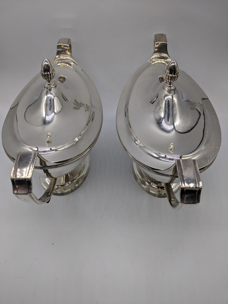 A pair of George III silver sauce tureens, twin handled with acorn finials, hallmarked London, 1800, - Image 8 of 8