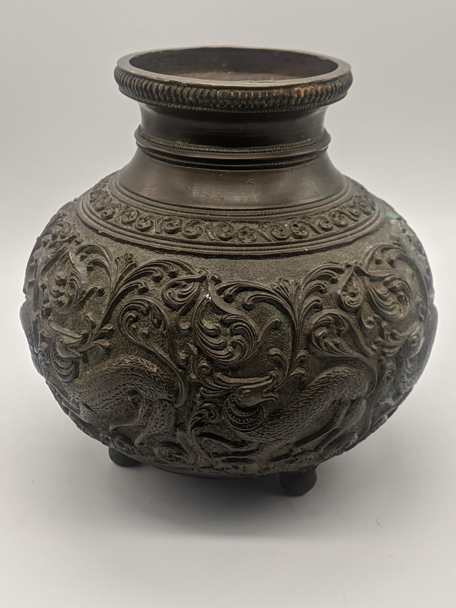 A 19th century Indian bronze ablutions or lota vessel, scrolling decoration depicting animals, - Image 2 of 7