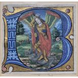 A gilt heightened gouache of St.Michael Archangel slaying the dragon, 12cm x 13cm, frame size 43cm