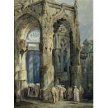 Samuel Prout (British, 1783-1852), Gathering under the Cathedral Arch, watercolour, H.36cm W.25cm