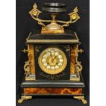 A 19th century French slate and marble mantel clock, 8 day movement, raised on two paw feet, keys