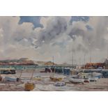 Ernest Andrews (British 1896-1977), a harbour scene, watercolour, signed lower right, label with