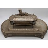 A Victorian Egyptian Revival desk inkwell, etched decoration, the central compartimentalised inkwell