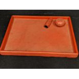 A Chinese red lacquer tray with two matching containers, 20th century, 30cm x 40cm