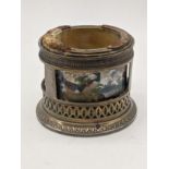 A Gustave Keller silver match striker holder, internal porcelain liner painted with scenes of