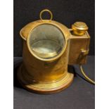 A brass floating dial binnacle compass, converted to a lamp, raised on wooden base, H.25cm