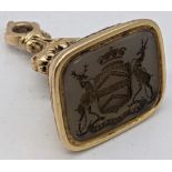 A Georgian fob seal mounted with 15ct gold (tested), 15g, H.3.5cm