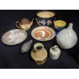 A collection of studio pottery and glass, various signatures