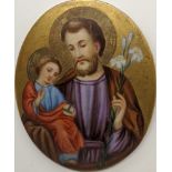 A 19th century painting on porcelain of St.Joseph holding a splay of flowers