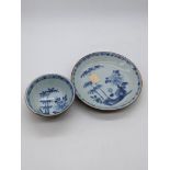 An 18th century Chinese Nanking Cargo blue and white and porcelain tea bowl and saucer with brown