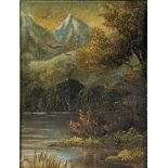 Late 19th-century Continental school, Landscape with mountains, trees, and a lake, oil on canvas,