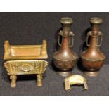 A pair of Japanese bronze vases, H.15.5cm, a Chinese bronze incense burner and a British silver