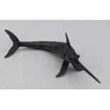 An articulated silver swordfish wish red glass eyes, unmarked, 40g, L.21.5cm