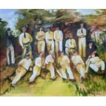 Pauline Norton (1925-1988), The Cricket Team, oil on board, signed lower right, H.38.5cm W.48cm