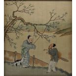 A 19th century Chinese painting on silk of a figural scene, character marks to lower right