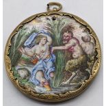 A 19th century miniature oil of a Satyr chasing a Nymph, on a later yellow metal mount, D.5cm