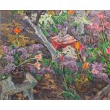 20th century Russian School, tulips on a table, oil on canvas, signed to verso in cyrillic, 102cm