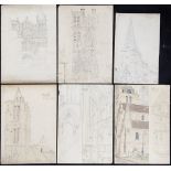 A collection of 19th century pencil drawings of churches, French and English, each titled, largest
