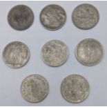 A collection of 8 silver coins: 1898 Queen Victoria Crown, 1869 Switzerland 5 Francs, 1875 French