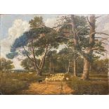 Circle of William Marlow (1740-1813), Shepherd herding sheep, oil on card mounted on board,