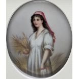 A 19th century painting on porcelain of a maiden collecting wheat