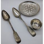 A small collection of silverware to include two silver spoons with continental hallmarks, a silver