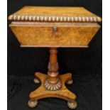 Attributed to Gillows, a 19th century burr walnut Tea Poy Tea Caddy, on stand, raised on four feet