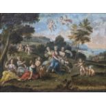 18th century Continental School, Cherubs playing in a park, oil on canvas, H.37cm W.52cm
