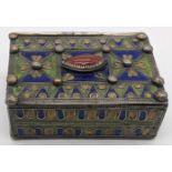 A circa 1930 Algerian enamelled silver-alloy box with hinged lid, H.3.5cm W.9cm D.6.5cm