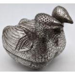 A 19th century Cambodian silver betel box in the form of two quails, engraved decoration, H.8.5cm
