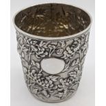 A late 19th/early 20th century silver Chinese export beaker, vacant cartouche, set of marks to base,