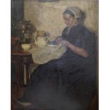 19th century Dutch school portrait, a seated lady sewing, signature lower left, oil on canvas, label