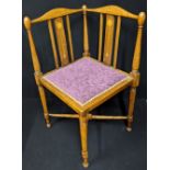 An Arts & Crafts inlaid corner chair, purple upholstery, D.54.5cm, W.51cm