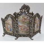 An 18th/19th century silver and enamel triptych picture stand, marks to legs, H.15cm, 321g