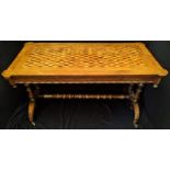 A Victorian walnut parquetry inlaid centre table, two turned columns united by a central turned