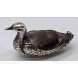 A Sampson Mordan & Co silver duck pin cushion, hallmarked Chester, 1909, 2g