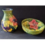 A matching green floral Moorecroft vase and bowl H.21cm, and bowl D.20cm