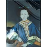 A 19th century Chinese reverse glass painting of a lady, H.59cm W.43cm