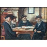 Raimund Volanek (Austrian, 1857â€“1924), Four Rabbis at a table, oil on board, signed lower left,