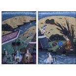 A pair of Indian gouaches depicting hunting and bathing scenes, inscriptions to verso, mounted,