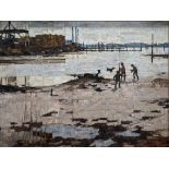 Peter Folkes (British, b.1923), Low Tide at Redbridge, oil on board, signed lower right, remnants of