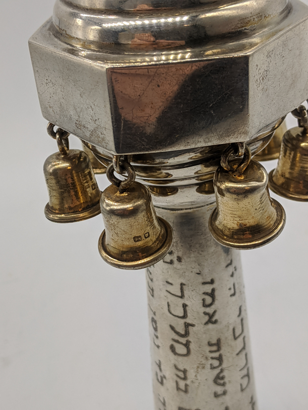 A single silver Torah bell (Rimon), gilt bells individually hallmarked, Hebrew inscriptions to - Image 3 of 4