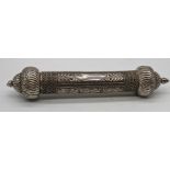 An Omani silver scroll case, vacant cartouche, 156g, L.28cm