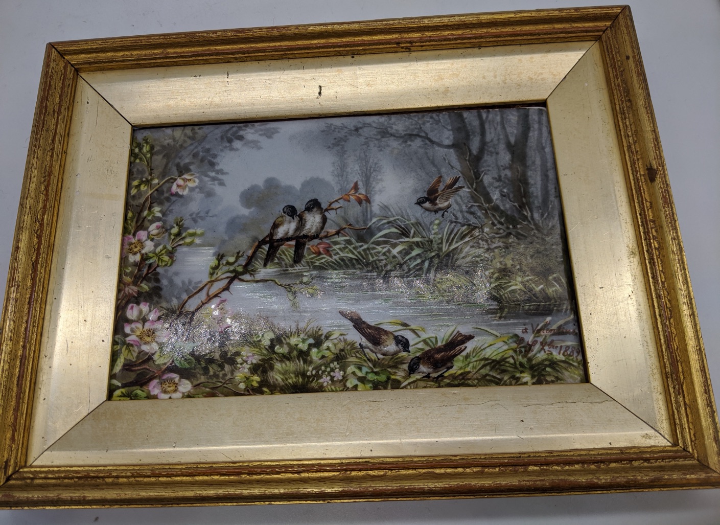 A late 19th century Continental oil on porcelain depicting birds at a river, signed and dated - Image 3 of 3