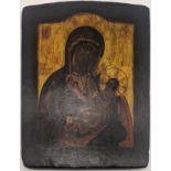 A 19th century or earlier Russian icon depicting the Madonna and Child, egg tempera on wooden panel,