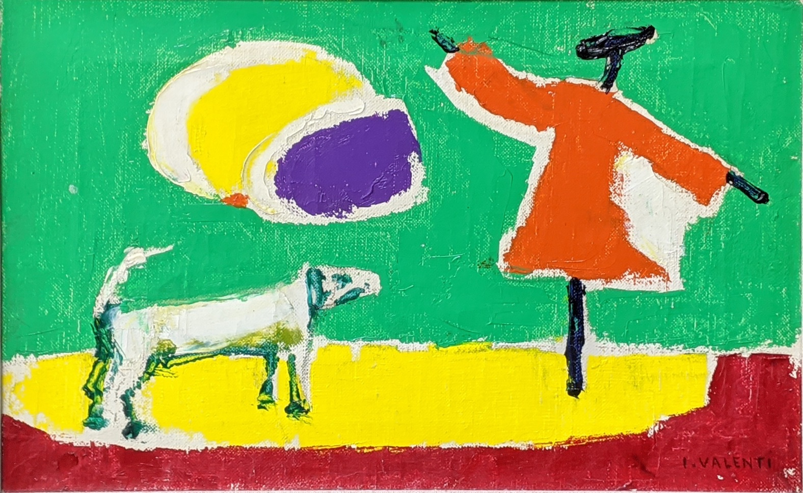 Italo Valenti (Swiss, 1912-1995), Dog and Scarecrow, oil on canvas, signed I.Valenti, H.22cm W.33cm