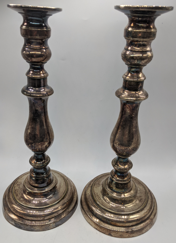 A pair of silver plated Sabbath candlesticks, H.30cm