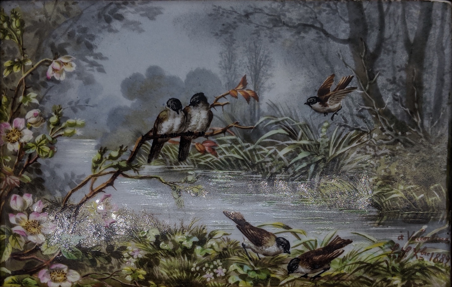 A late 19th century Continental oil on porcelain depicting birds at a river, signed and dated
