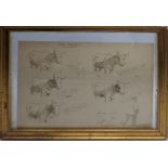 A late 19th/early 20th century study of pen drawings, double sides, cows and cats, crest blindstamp,